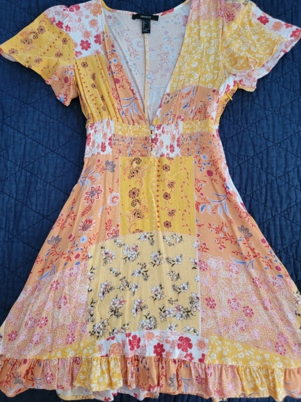 Forever 21 Yellow and Peach Floral Patchwork Dress